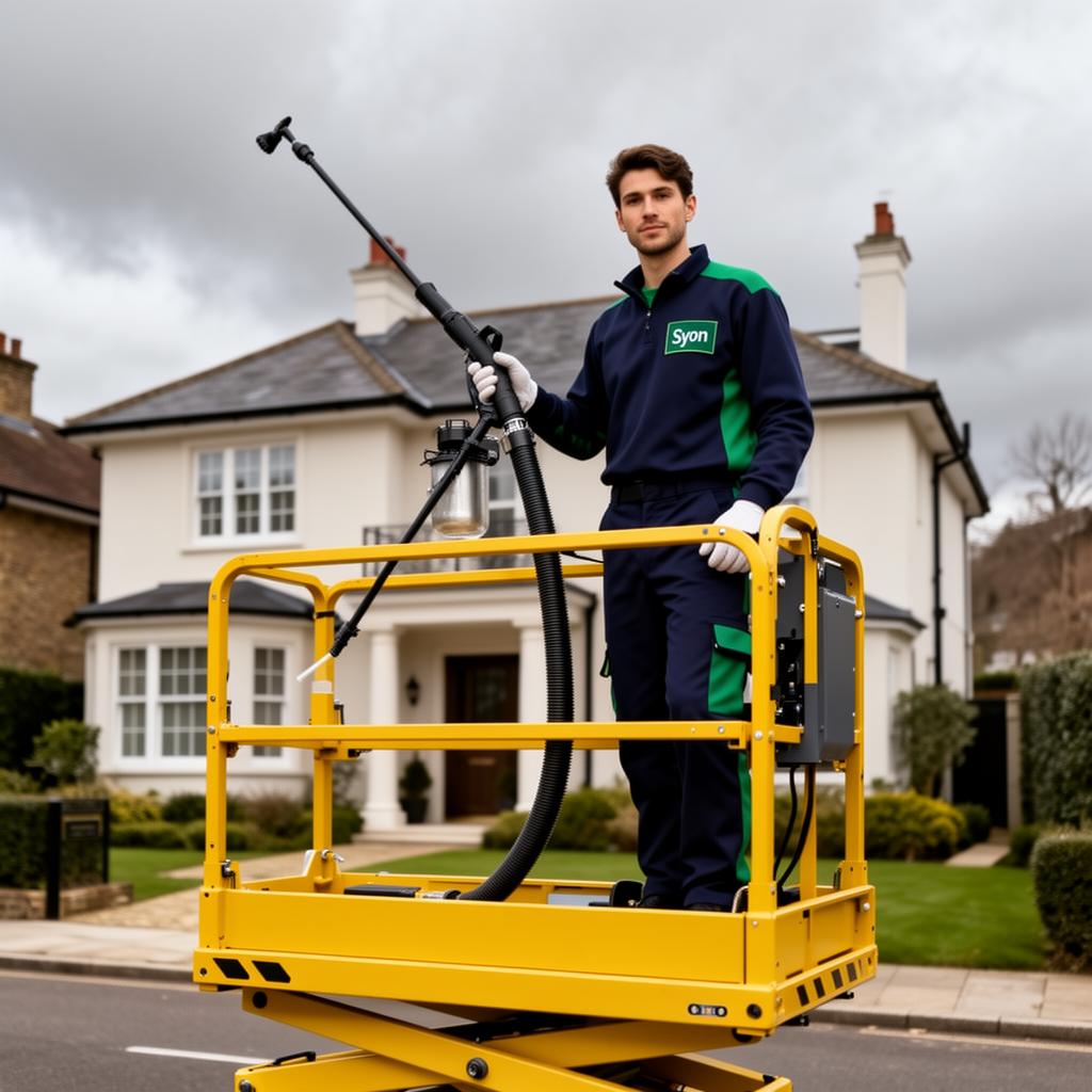 Syon gutter cleaner on a scissor lift