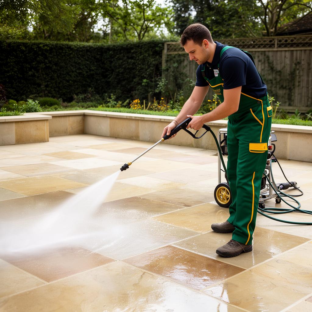 Patio jet washing machine in use