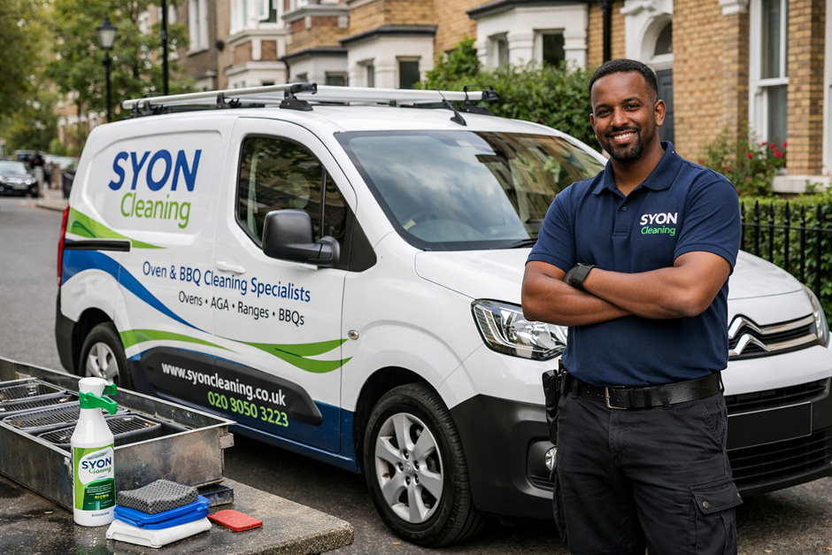 SYON Cleaning branded van and technician with professional oven cleaning equipment in West London